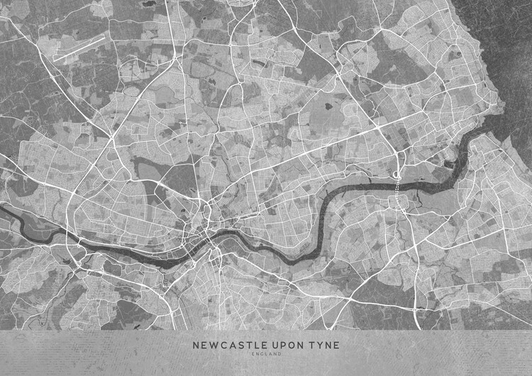 Illustration Map of Newcastle upon Tyne (England) in gray vintage style