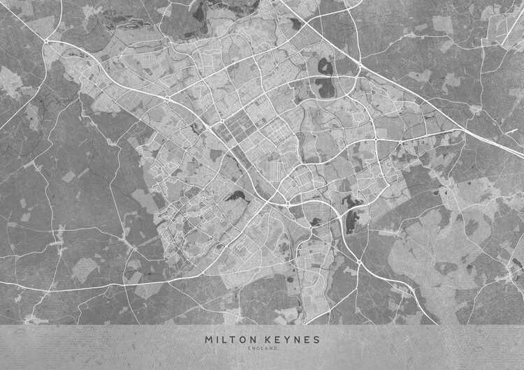 Illustration Map of Milton Keynes (England) in gray vintage style