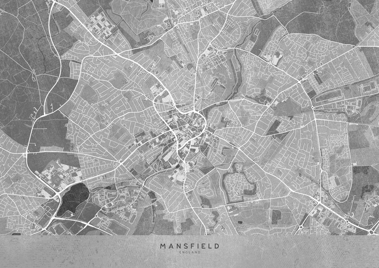 Illustration Map of Mansfield (England) in gray vintage style
