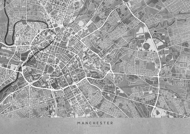 Illustration Map of Manchester downtown (England) in gray vintage style