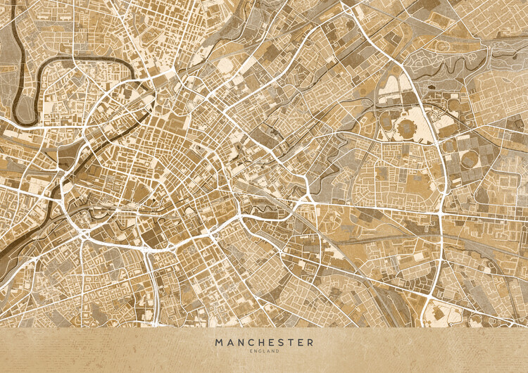 Illustration Map of Manchester downtown (England) in gray vintage style