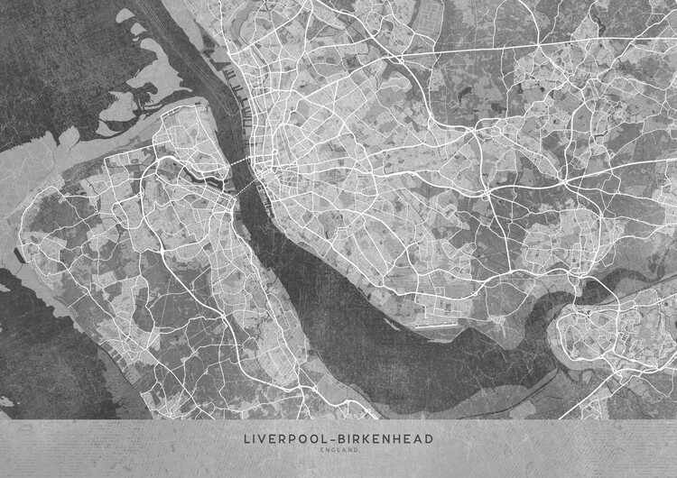 Ilustracija Map of Liverpool-Birkenhead (England) in gray vintage style