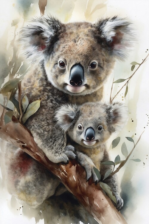 Canvas Print A watercolour illustration of a cute koala bear and her cub
