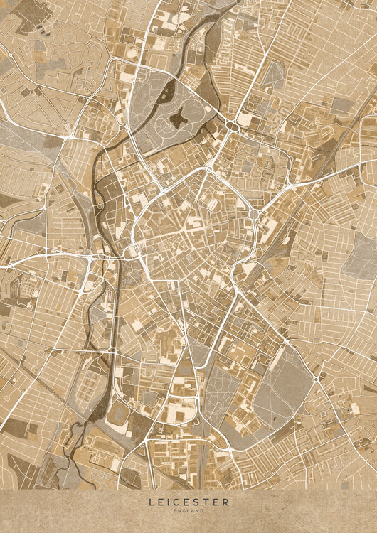 Illustration Map of Leicester downtown (England) in sepia vintage style