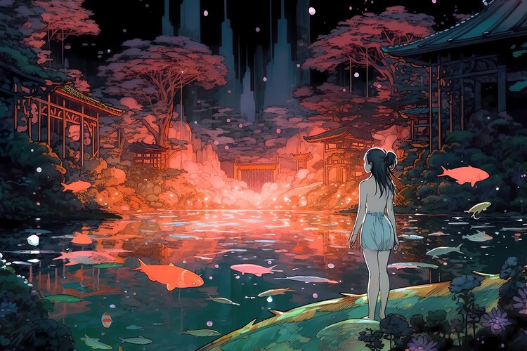 Illustration The Secret Pond of Flying Fish : A Magical Asian Style Scene