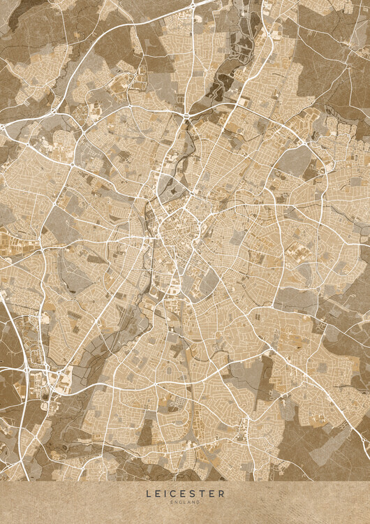 Illustration Map of Leicester (England) in sepia vintage style