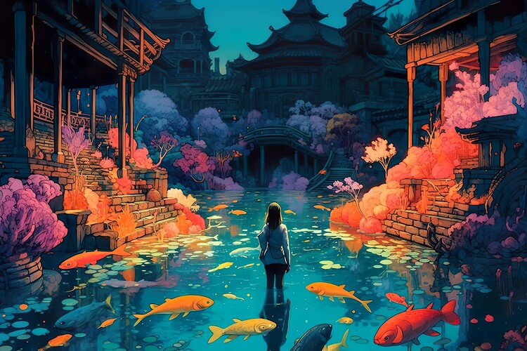 Illustration The Magic of Goldfish in a Mysterious Asiatic Pond