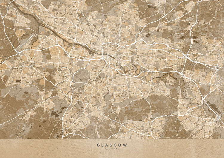 Illustration Map of Glasgow (Scotland) in sepia vintage style