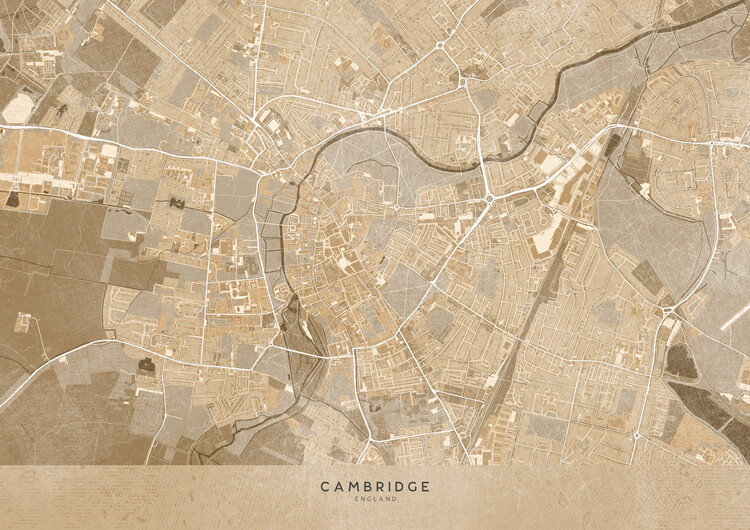 Map Map of Cambridge downtown (England) in sepia vintage style