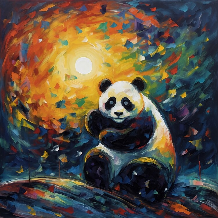 Canvas Print Panda looking at the moon in a starry night sky.