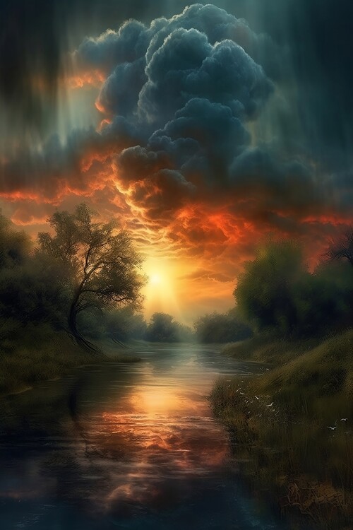 Illustration A cloudy sky over a body of water