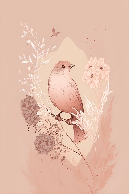 Ilustração Pink bird with flowers illustration