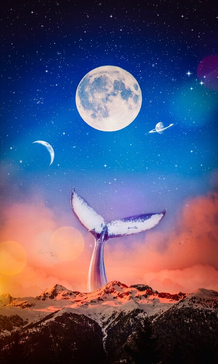 Art Photography Whale Tail and moons in the clouds mountains