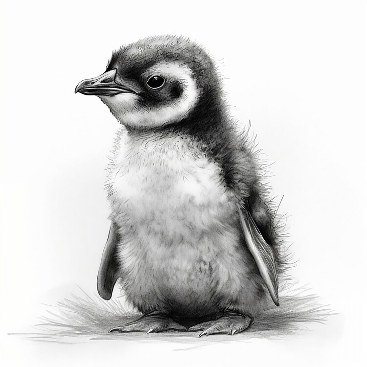 Illusztráció Baby penguin, drawing black and white