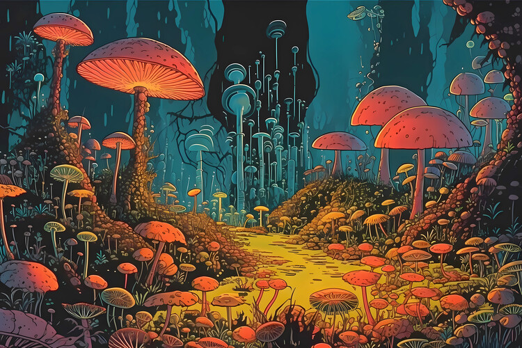 Illustration A Psychedelic Journey Through a Mushroom Field