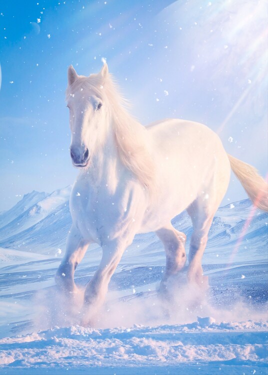 Art Poster White horse in the snow mountains