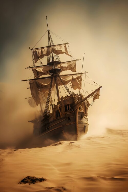 Ilustrace Loď plující po poušti