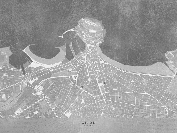 Illustration Map of Gijón downtown (Spain) in gray vintage style