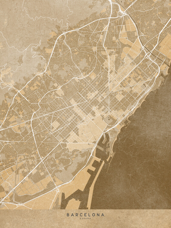 Mapa Map of Barcelona (Spain) in sepia vintage style