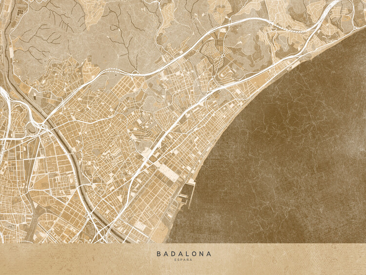 Kartta Map of Badalona (Spain) in sepia vintage style