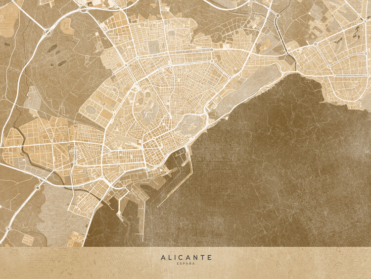 Kort Map of Alicante downtown (Spain) in sepia vintage style