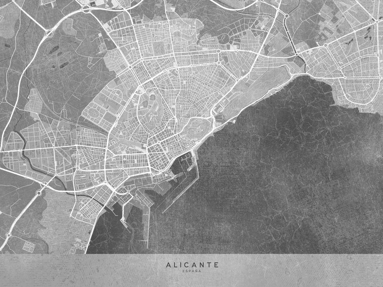Kort Map of Alicante (Spain) in gray vintage style