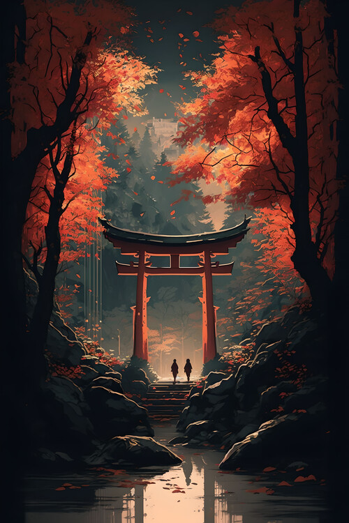 Illustration Magical Torii Gate in Autumn Japanese Forest