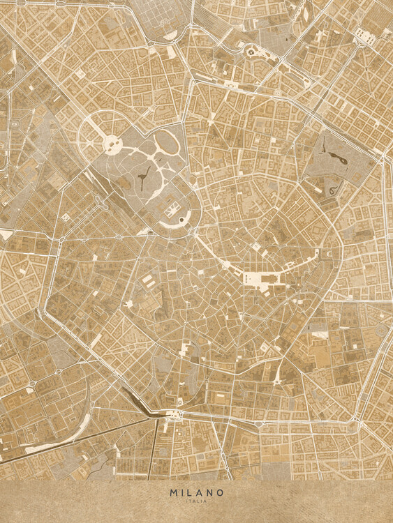 Map Map of Milano downtown (Italy) in sepia vintage style