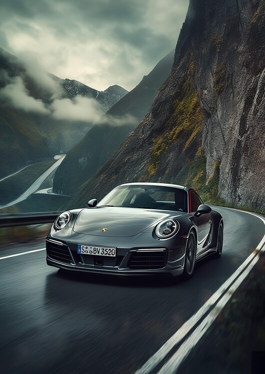Kunsttryk 911 Carrera Sport Car racing in the Mountains