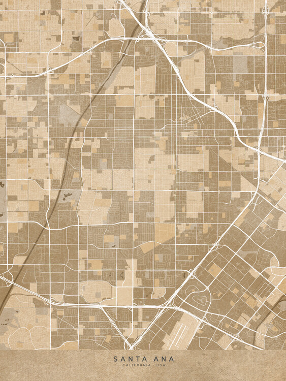 Carte Map of Santa Ana (CA, USA) in sepia vintage style