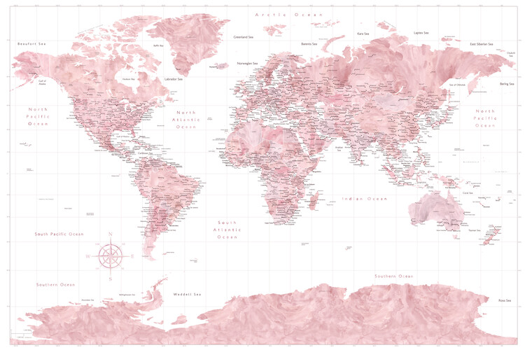 Mapa Light pink watercolor world map with cities and Antarctica
