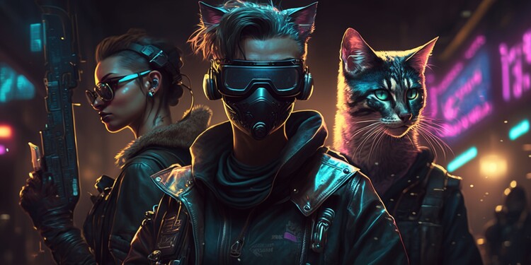 Illustration Cyberpunk Street Cat Gangs Standing Guard