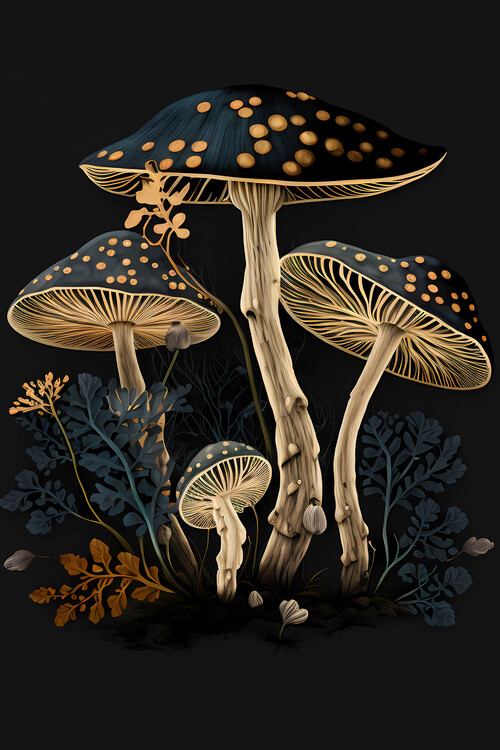 Illustration Glowing Mushrooms on Black Background