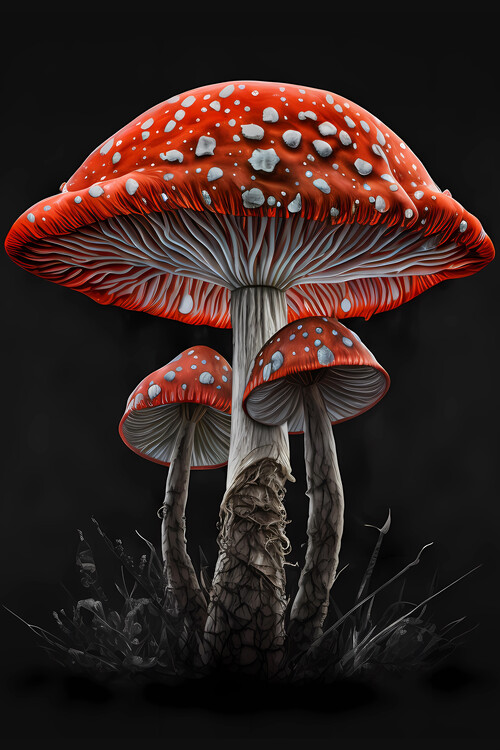 Illustration Poisonous Red Mushrooms on Black Background