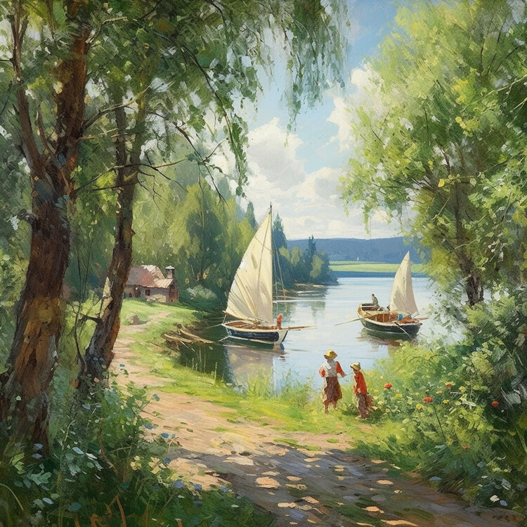 Illustration Sailing Boats On The Summer Lake Painting