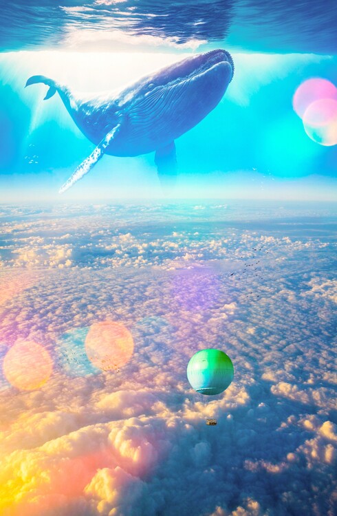 Art Photography Whale above the clouds and hot air balloon