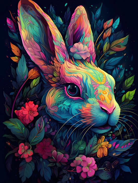 Illustration Colorful Textured Rabbit Portrait Celebrating Beauty & Love