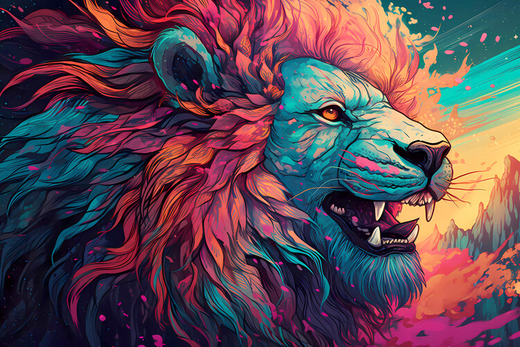 Illustration Spiritual Majesty: Colorful Lion Portrait, Textured Strength