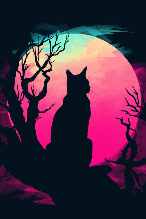 Umělecký tisk Cat under the moon
