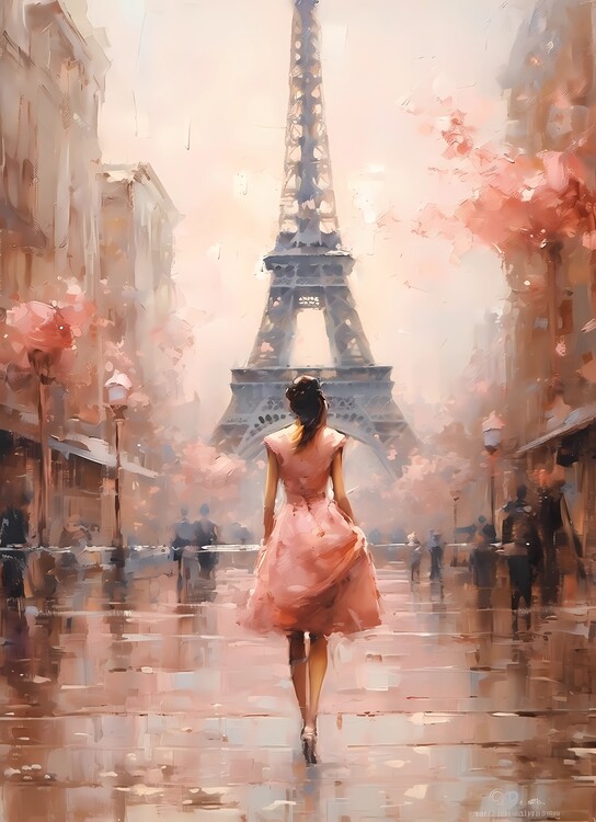 Illustration Romantic Love: Parisian Scene in Pink Champagne