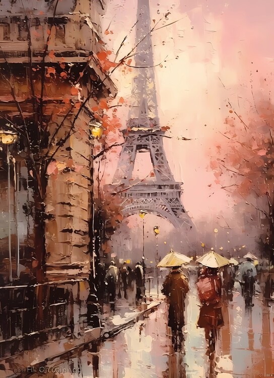 Illustration Dream in Paris: Romantic Street and Pink Champagne Emotions