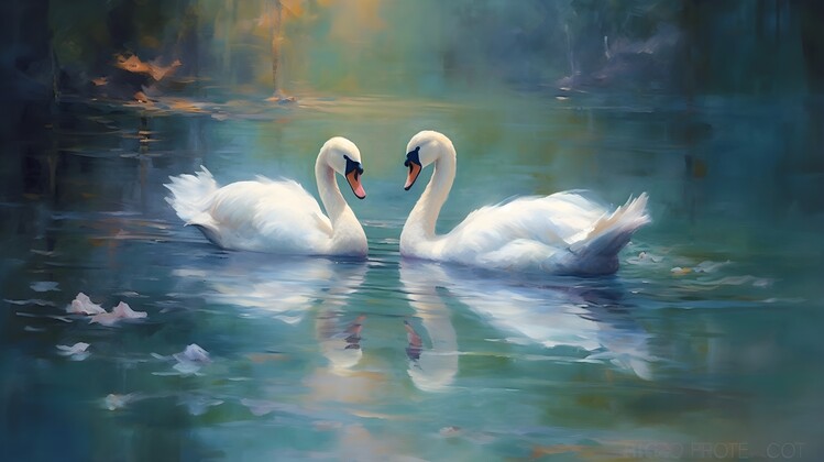 Illustration A tranquil, blue-toned painting of a pair of swans swimming