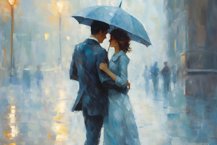 Ilustrace A couple sharing an umbrella in the rain
