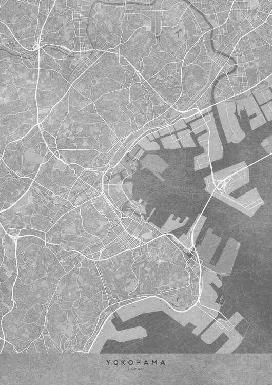 Mapa Map of Yokohama center (Japan) in gray vintage style