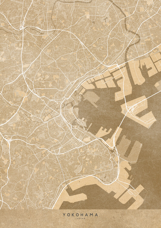 Mapa Map of Yokohama center (Japan) in sepia vintage style