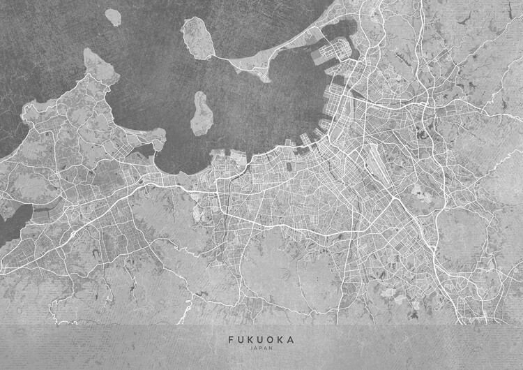 Canvas Print Map of Fukuoka (Japan) in gray vintage style