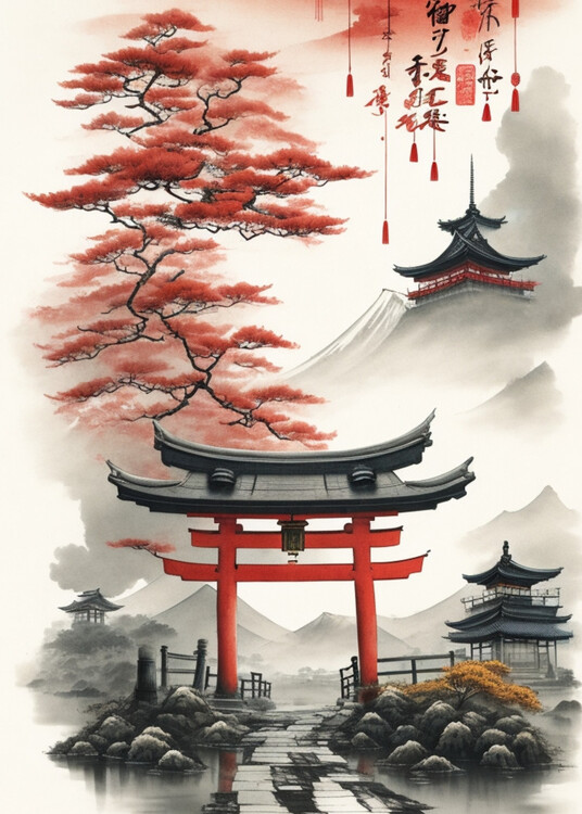Illustration Torii Gate in Forest