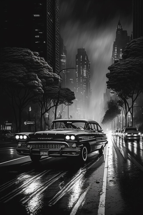 Illustration Classic Vintage Car Chevrolet Impala Black & White Poster