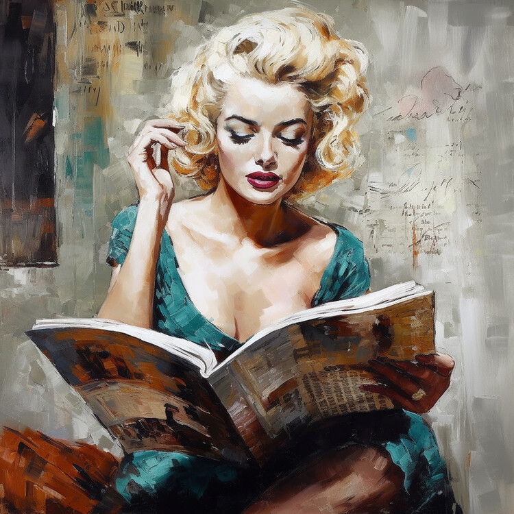 илюстрация Vintage Classic Blonde Woman With Red Lips Reading Painting