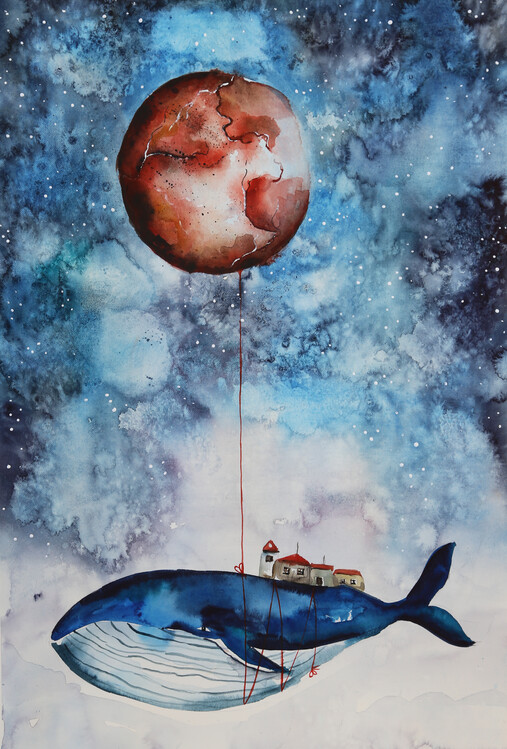 Illustration Whale & Red Moon